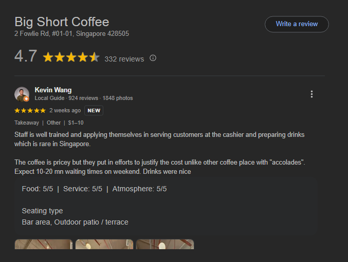 Big Short Coffee Singapore reviews