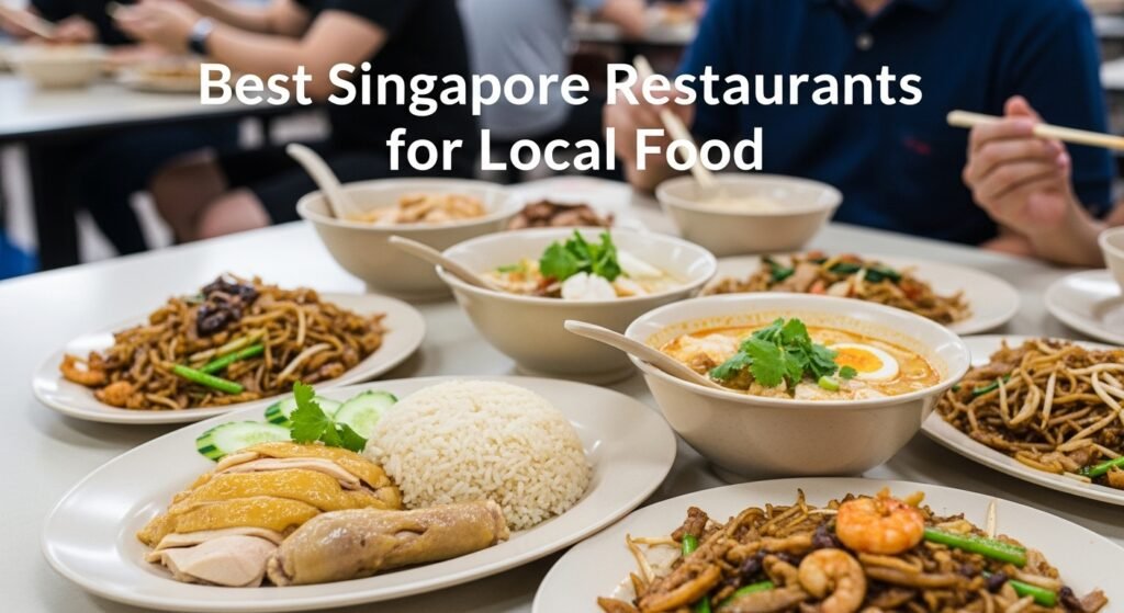 Popular Singapore hawker centre with tourists and locals enjoying authentic local dishes like chicken rice, laksa, and satay.