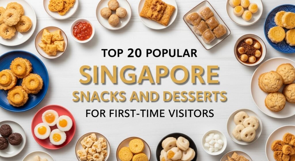 Popular Singapore snacks and desserts including kaya toast, ondeh ondeh, chendol, and ice kachang displayed on a table.