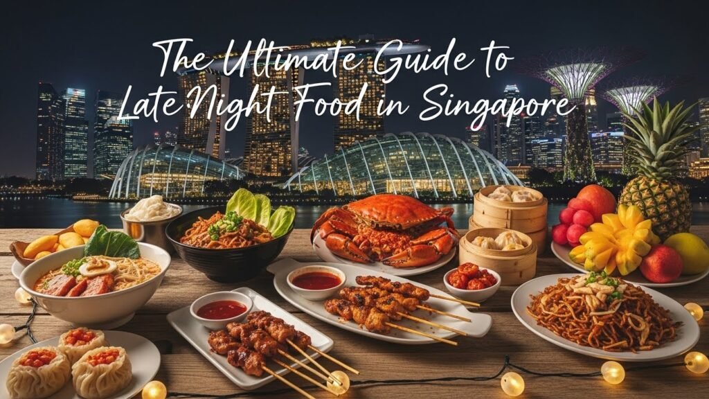 A variety of late-night dishes in Singapore including noodles, satay, and street food under vibrant night lights.