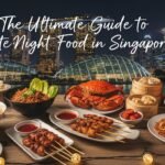 A variety of late-night dishes in Singapore including noodles, satay, and street food under vibrant night lights.