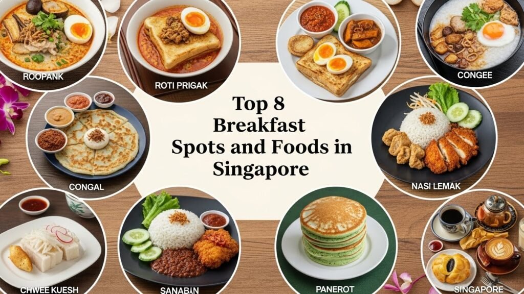Top 8 breakfast spots and foods in Singapore including Kaya Toast, Nasi Lemak, Dim Sum, and Hawker Centre favourites.