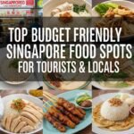 A variety of delicious, budget-friendly Singaporean street food dishes, including laksa, chicken rice, and satay, served in a vibrant hawker setting.