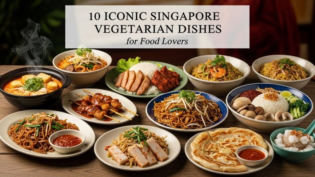 A colourful spread of 10 iconic Singapore vegetarian dishes, featuring noodles, rice, and fresh vegetables, perfect for food lovers.