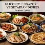 A colourful spread of 10 iconic Singapore vegetarian dishes, featuring noodles, rice, and fresh vegetables, perfect for food lovers.