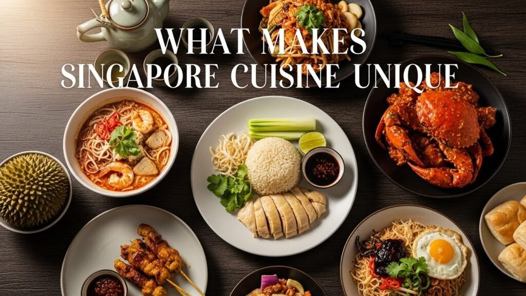 Singapore cuisine featuring iconic dishes like chicken rice, laksa, chilli crab, and roti prata, reflecting Chinese, Malay, and Indian culinary influences.