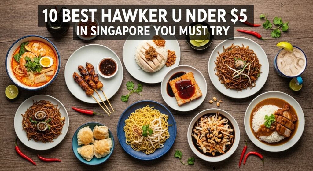 Best hawker foods under $5 in Singapore including chicken rice, laksa, char kway teow, and satay at local hawker centres