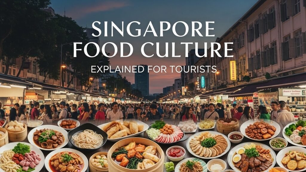Singapore food culture featuring hawker centre dishes like chicken rice, laksa, and satay enjoyed by tourists