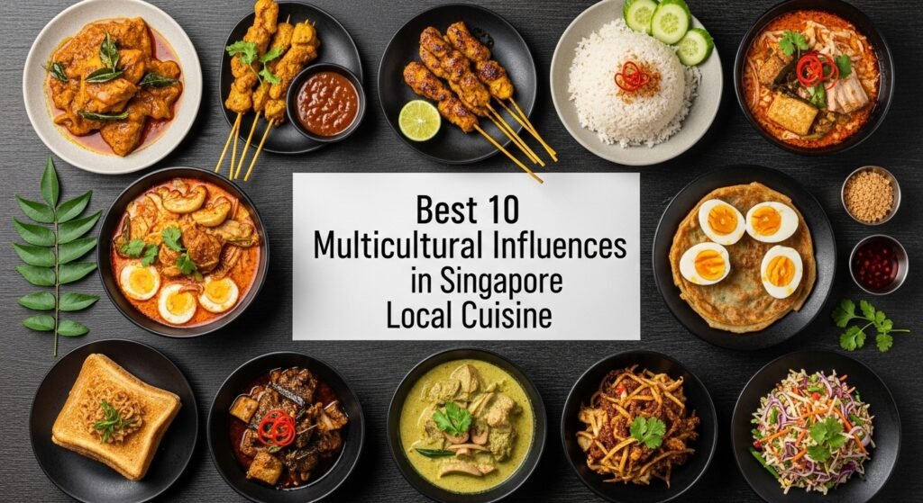 Multicultural influences shaping Singapore local cuisine with Chinese, Malay, Indian and Peranakan food traditions