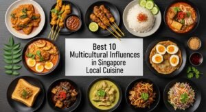 Multicultural influences shaping Singapore local cuisine with Chinese, Malay, Indian and Peranakan food traditions