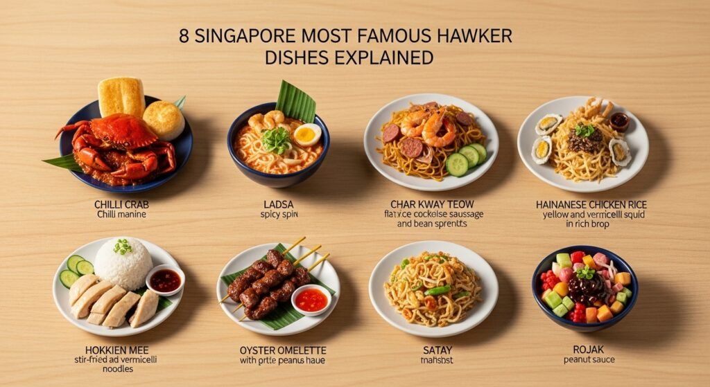 Eight of Singapore’s most famous hawker dishes served at traditional hawker centres, including chicken rice, laksa, and char kway teow.