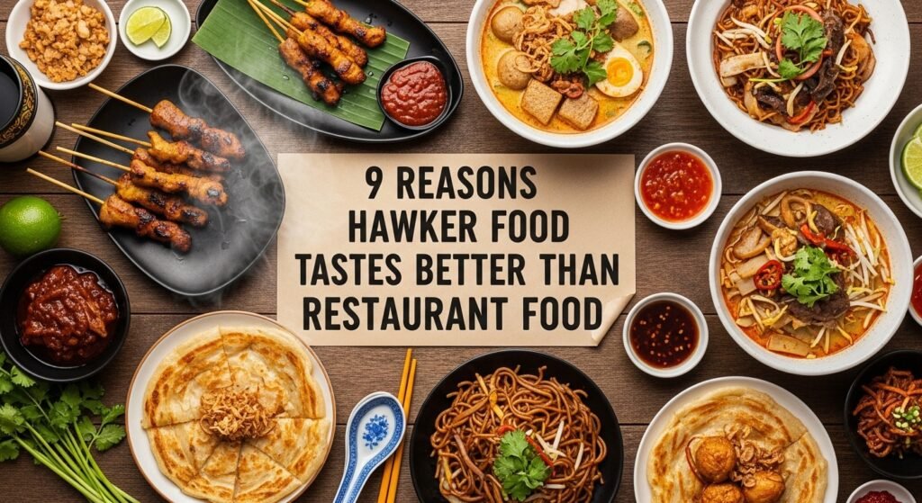 Traditional Singapore hawker food prepared fresh at a busy hawker centre, showcasing authentic flavours and street style cooking.