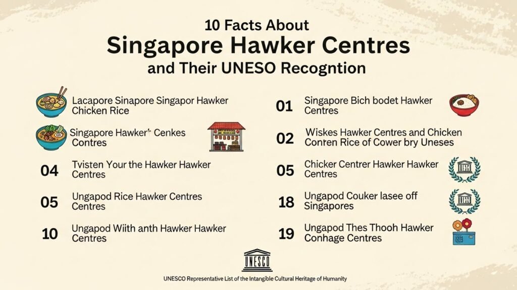 Infographic showing 10 facts about Singapore hawker centres and their UNESCO cultural heritage recognition.