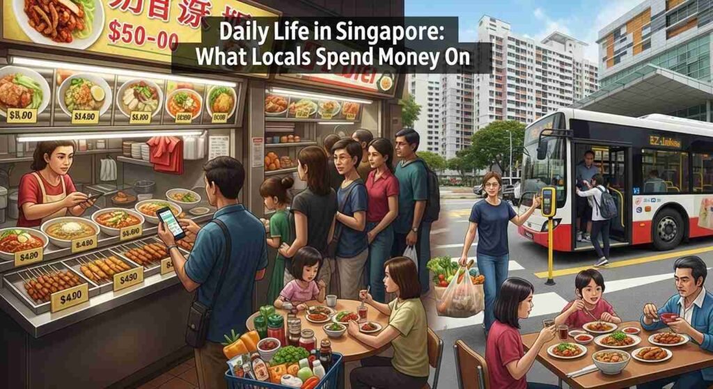 Daily life in Singapore showing locals commuting, eating at hawker centres, and managing everyday expenses