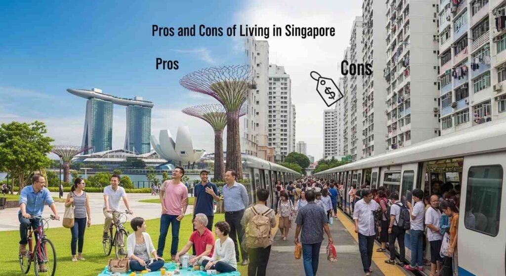 Skyline view showing modern buildings and urban lifestyle representing pros and cons of living in Singapore.