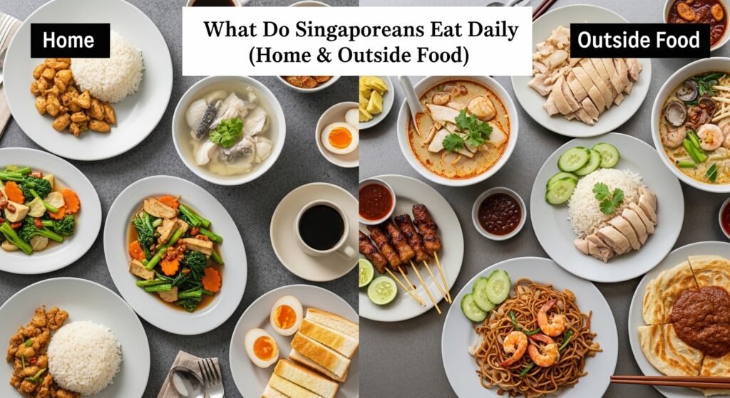 Typical daily food in Singapore including hawker meals, home-cooked dishes, rice, noodles, and local favourites eaten by Singaporeans.
