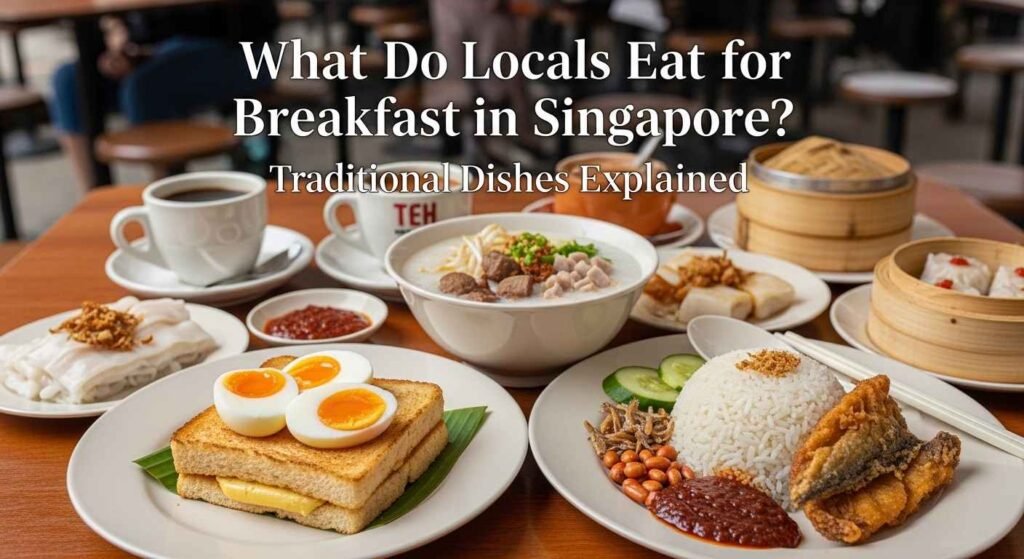 Traditional Singapore breakfast with kaya toast, soft-boiled eggs, kopi, and nasi lemak served at a local hawker centre.