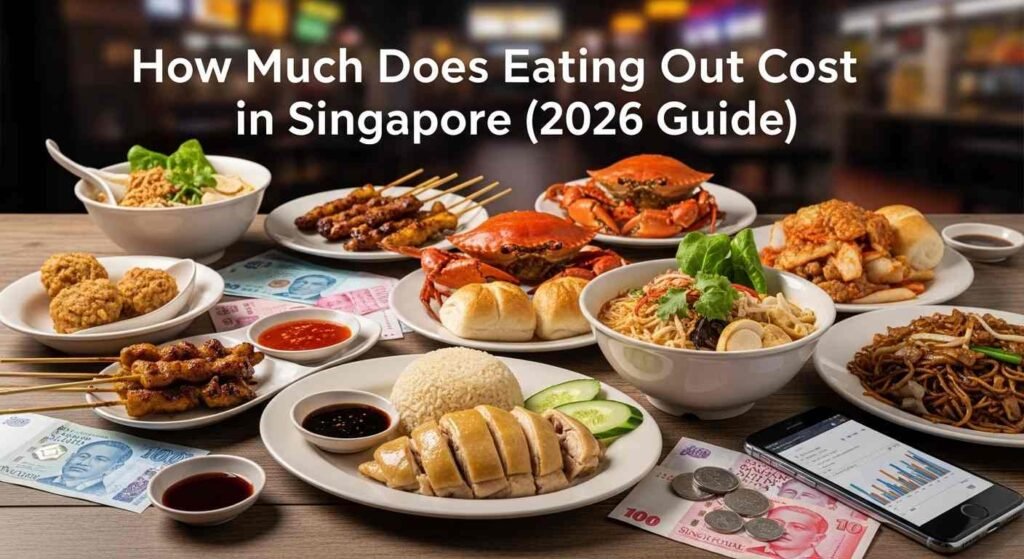 Eating out cost comparison in Singapore 2026 showing hawker food, café meals, and restaurant dining prices.