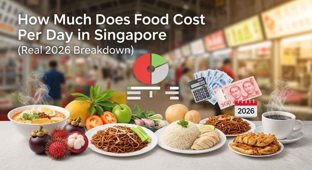 Daily food cost comparison in Singapore 2026 showing hawker meals, groceries, and restaurant prices.