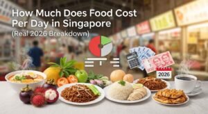 Daily food cost comparison in Singapore 2026 showing hawker meals, groceries, and restaurant prices.