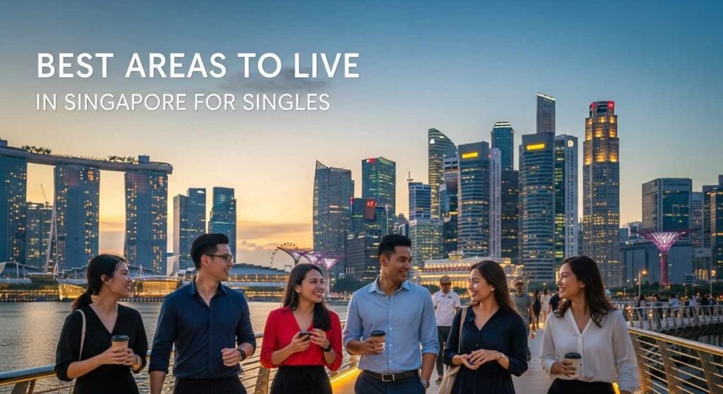 Skyline view of popular Singapore neighbourhoods ideal for singles including CBD, Tiong Bahru and Holland Village.
